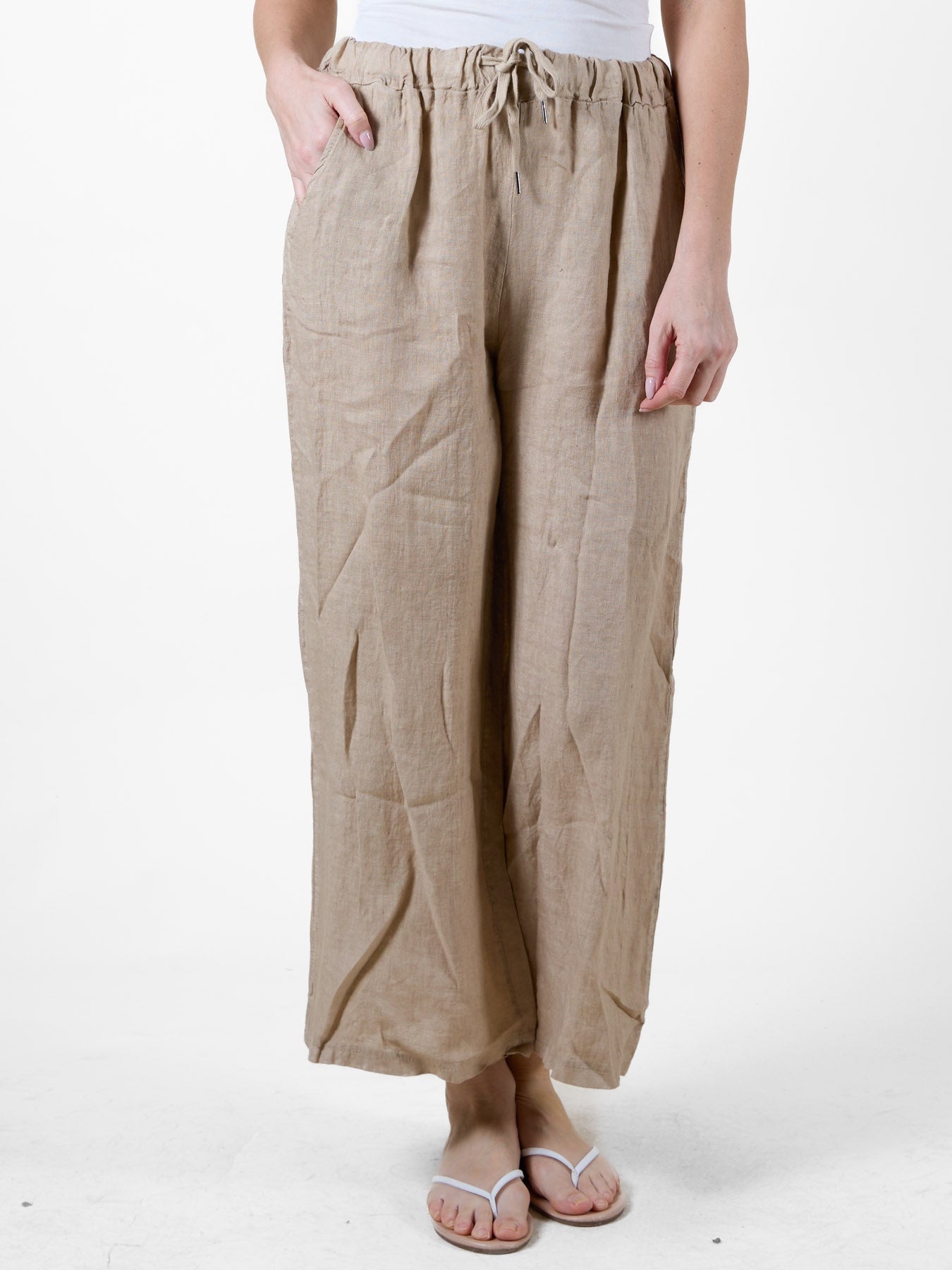 Sand 100% Linen Beach Pants with Drawstring Waist