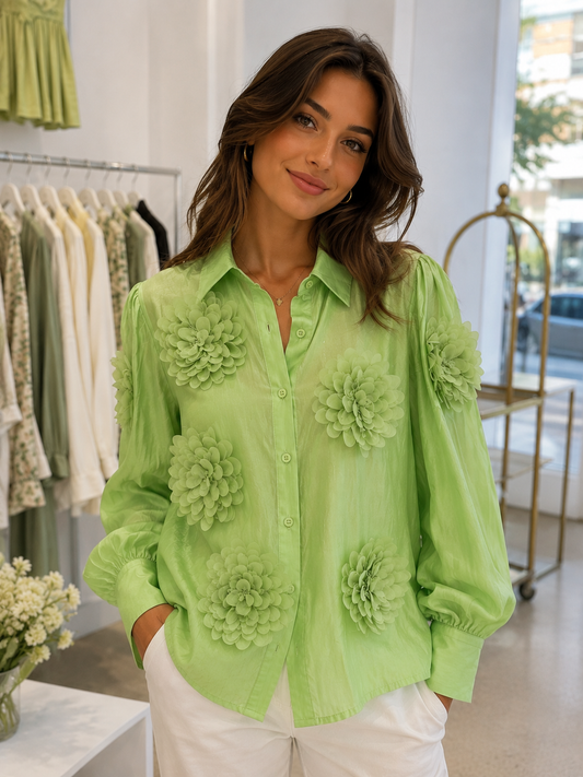 Green Button-Up Blouse with Fabric Flower Detailing