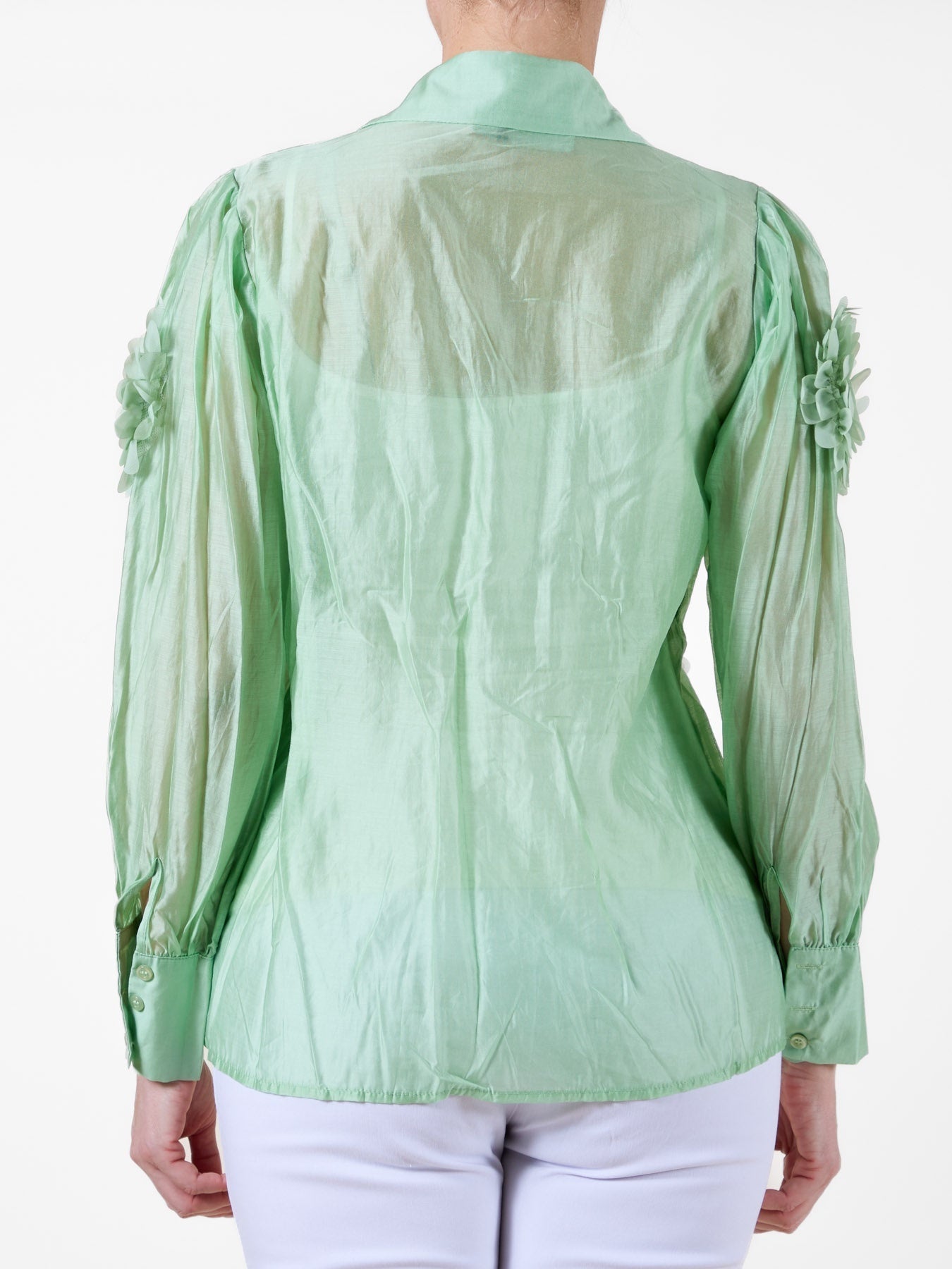 Green Button-Up Blouse with Fabric Flower Detailing