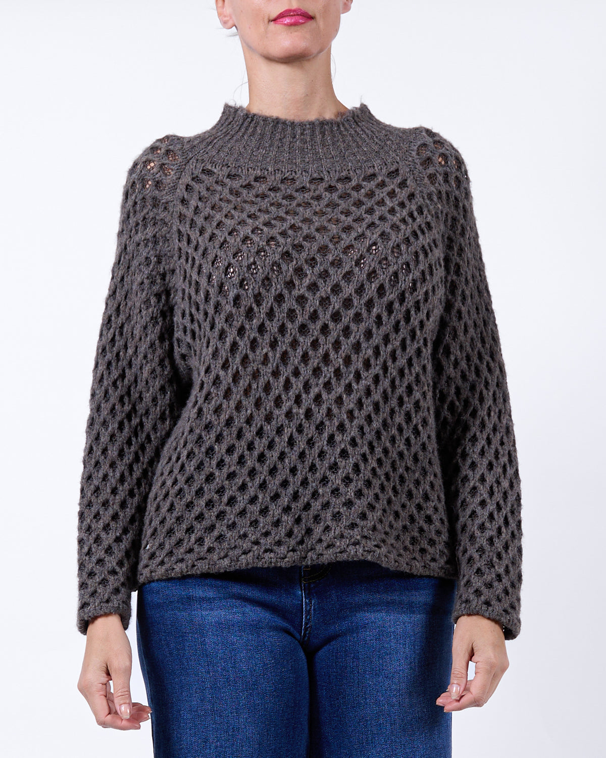 Taupe Mock Neck Open Weave Sweater