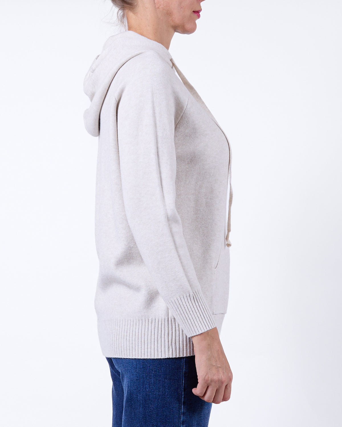 Beige Hood Drawstring Kangaroo Pocket Long Sleeve Rib Trim Pullover