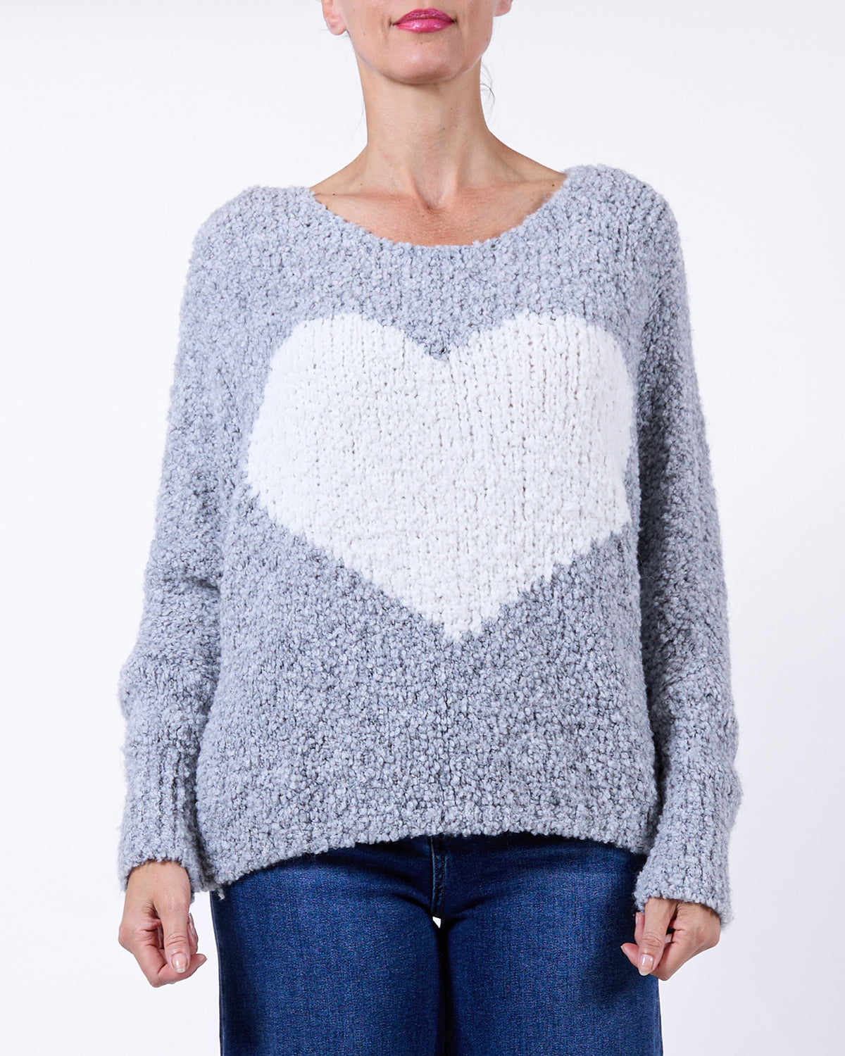 Grey Scoop Neck Big Heart Chenille Sweater