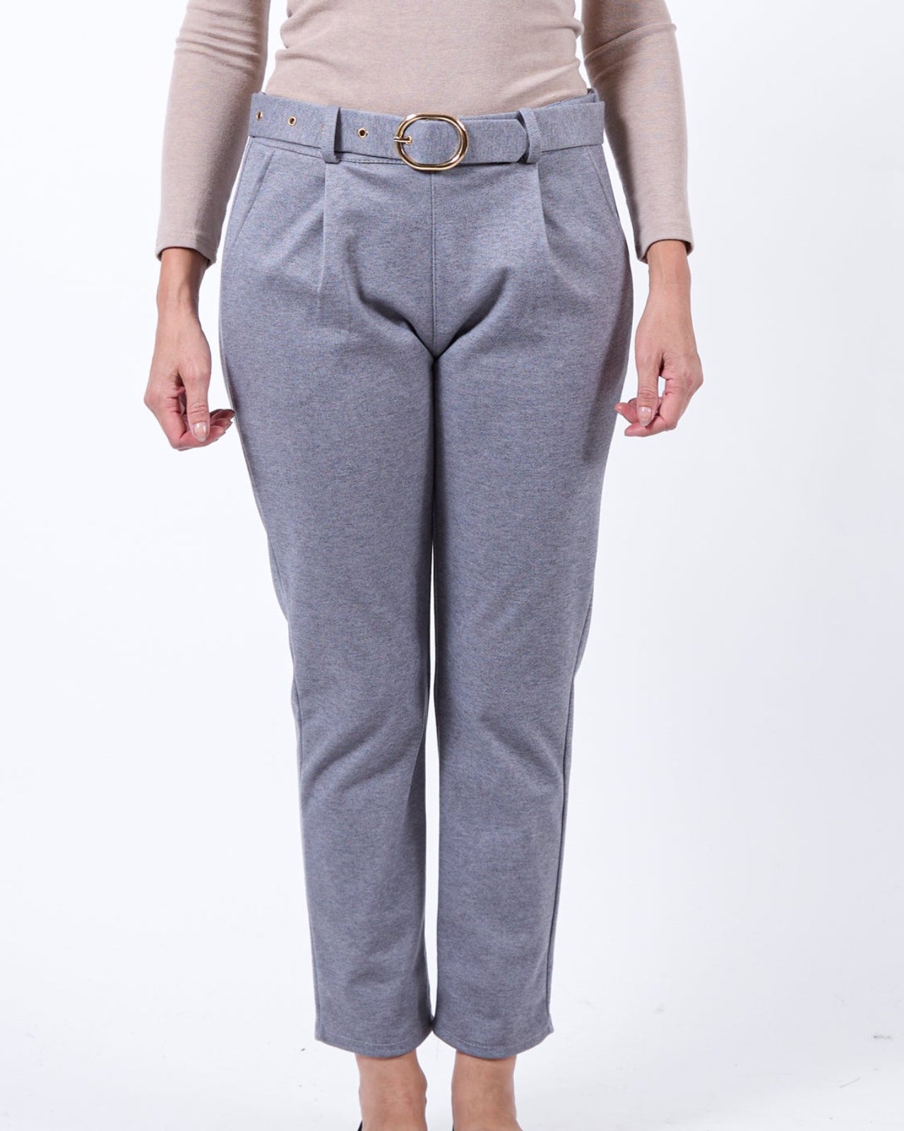 Grey Belted Back Pull on Felt Pant