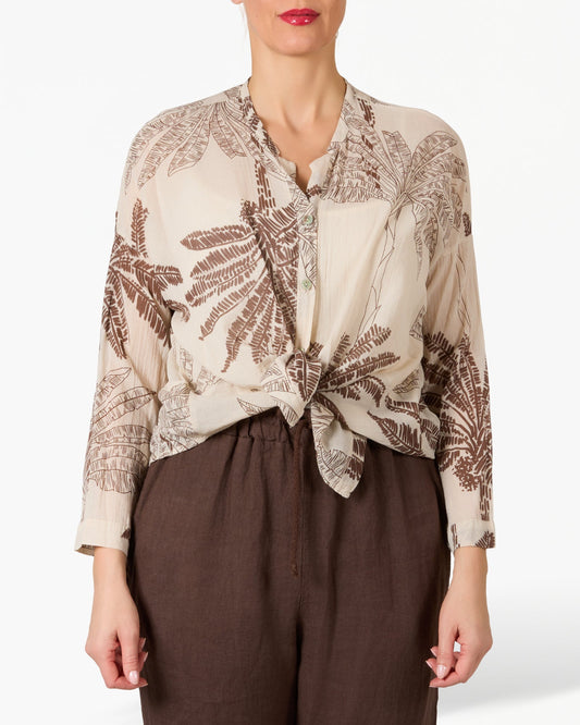 Beige Palm Printed Button Up Blouse