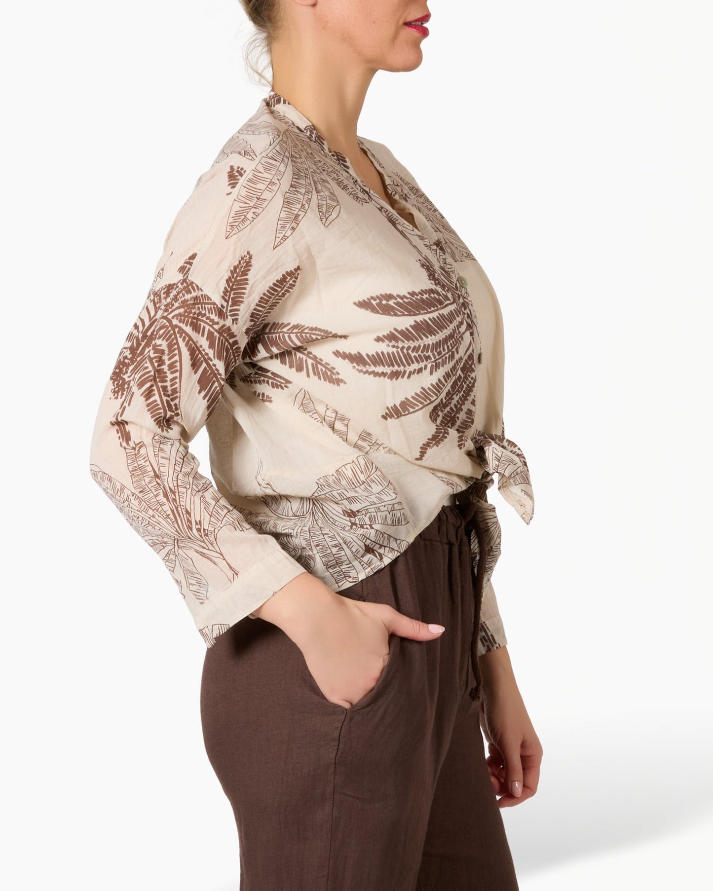 Beige Palm Printed Button Up Blouse