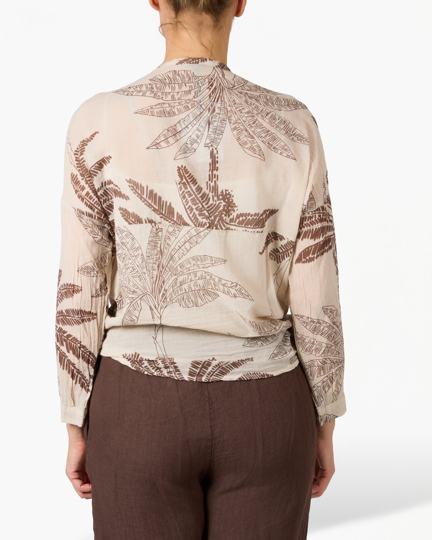 Beige Palm Printed Button Up Blouse