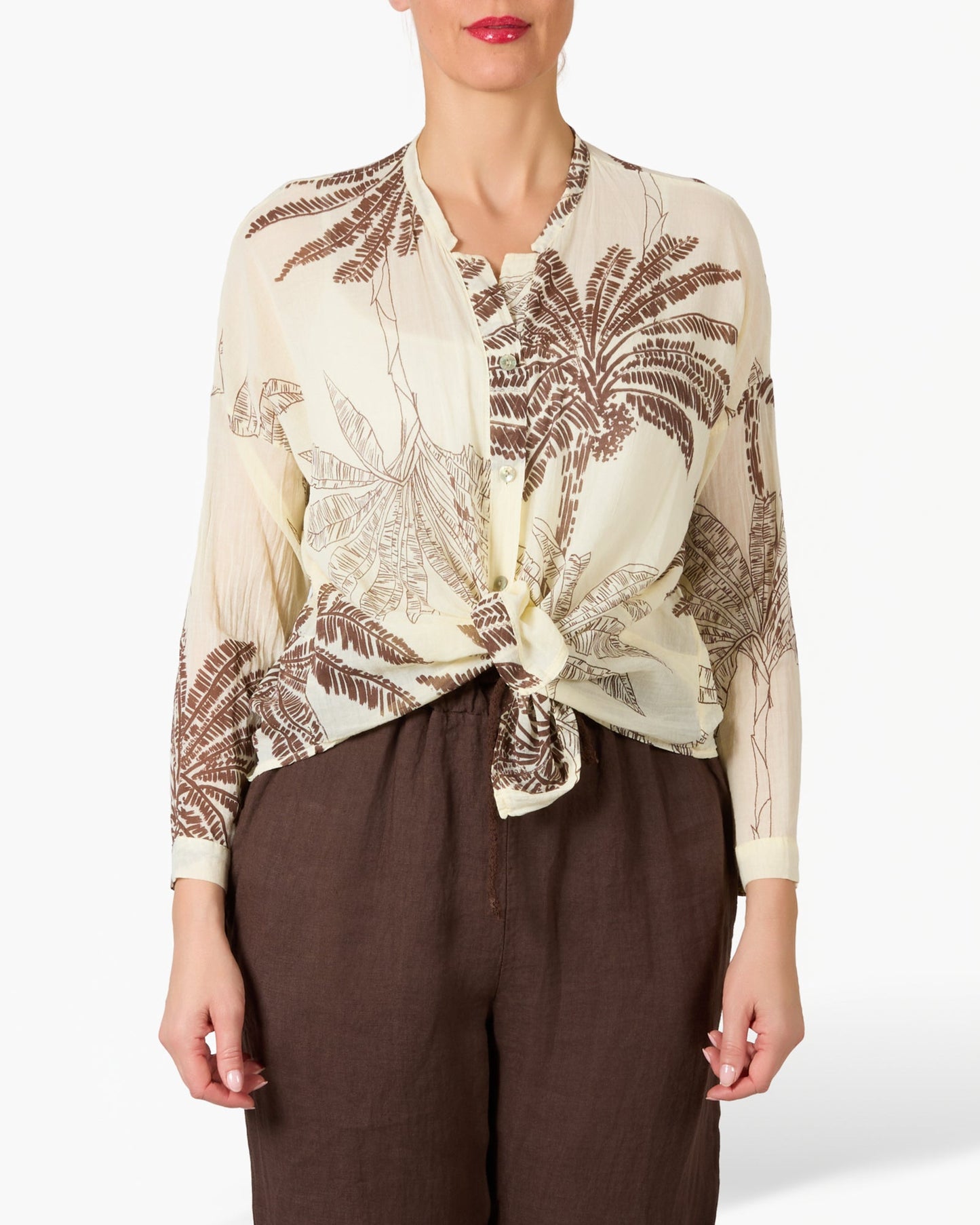 Yellow Palm Printed Button Up Blouse