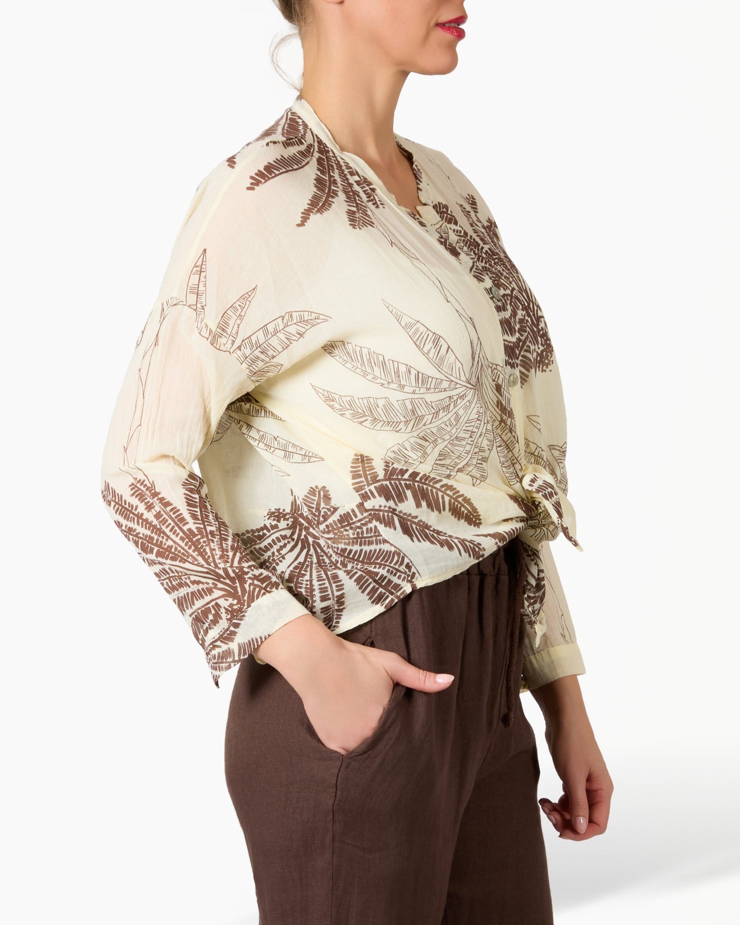 Yellow Palm Printed Button Up Blouse