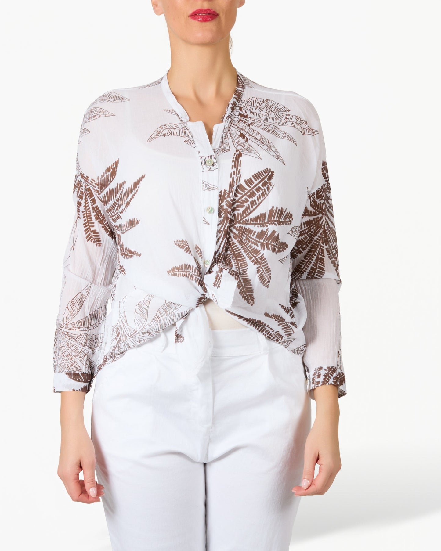 White Palm Printed Button Up Blouse