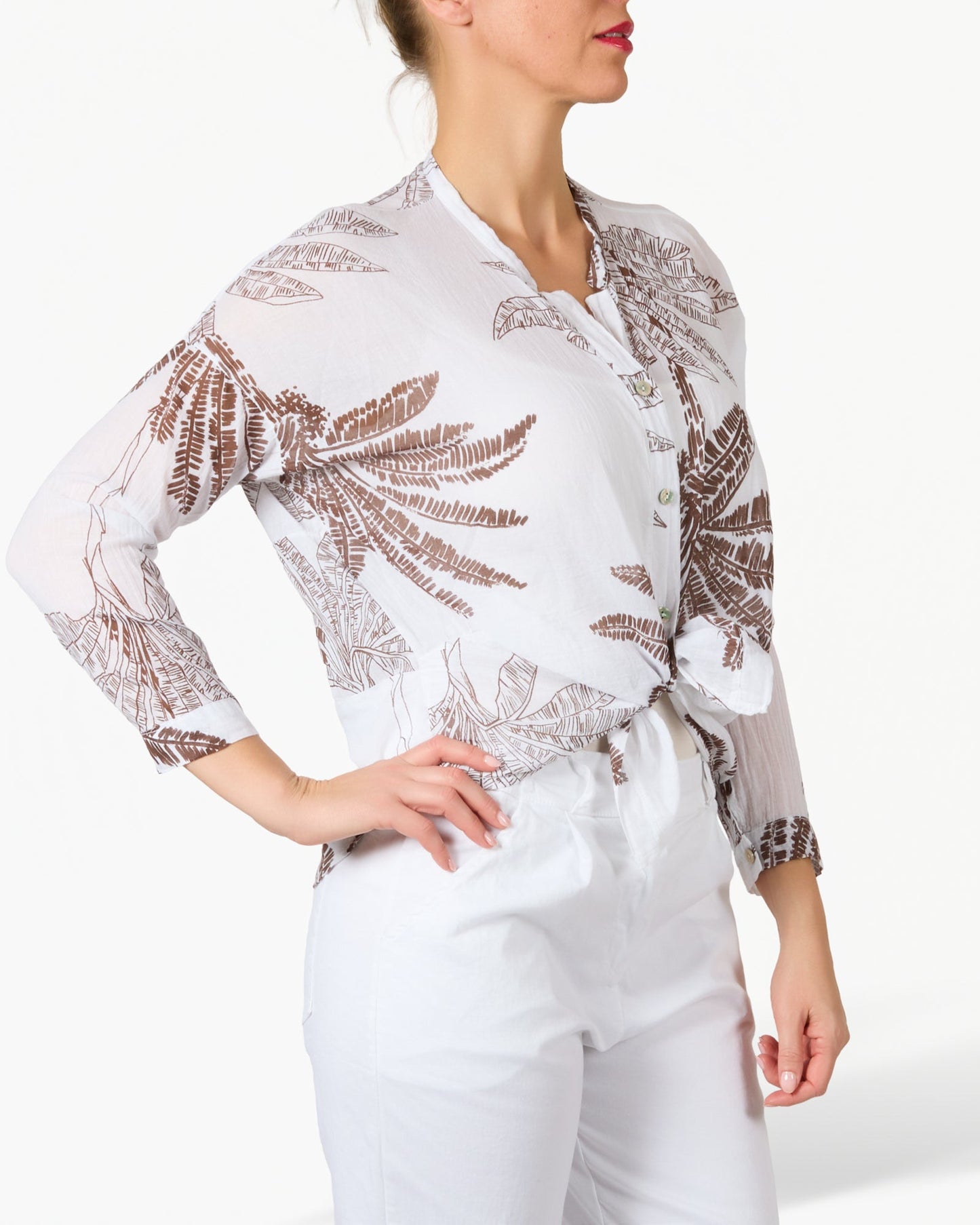 White Palm Printed Button Up Blouse