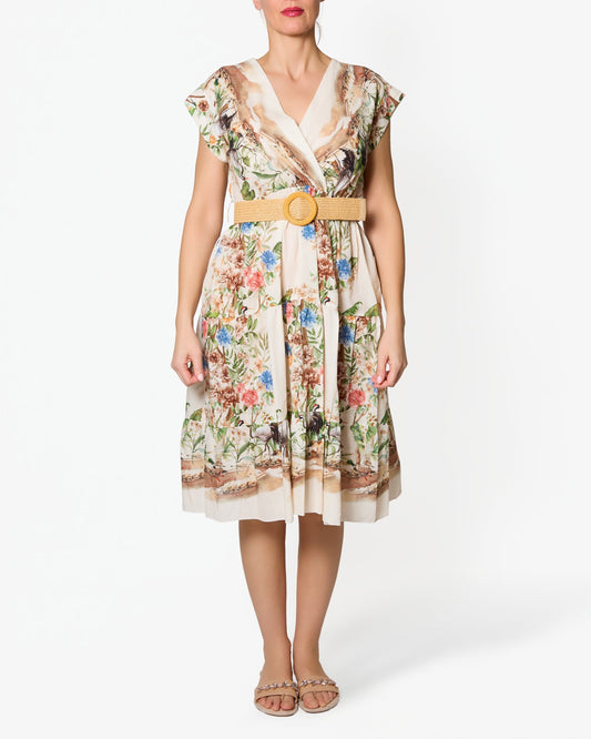 Campagne Floral Belted Cap Sleeve Dress