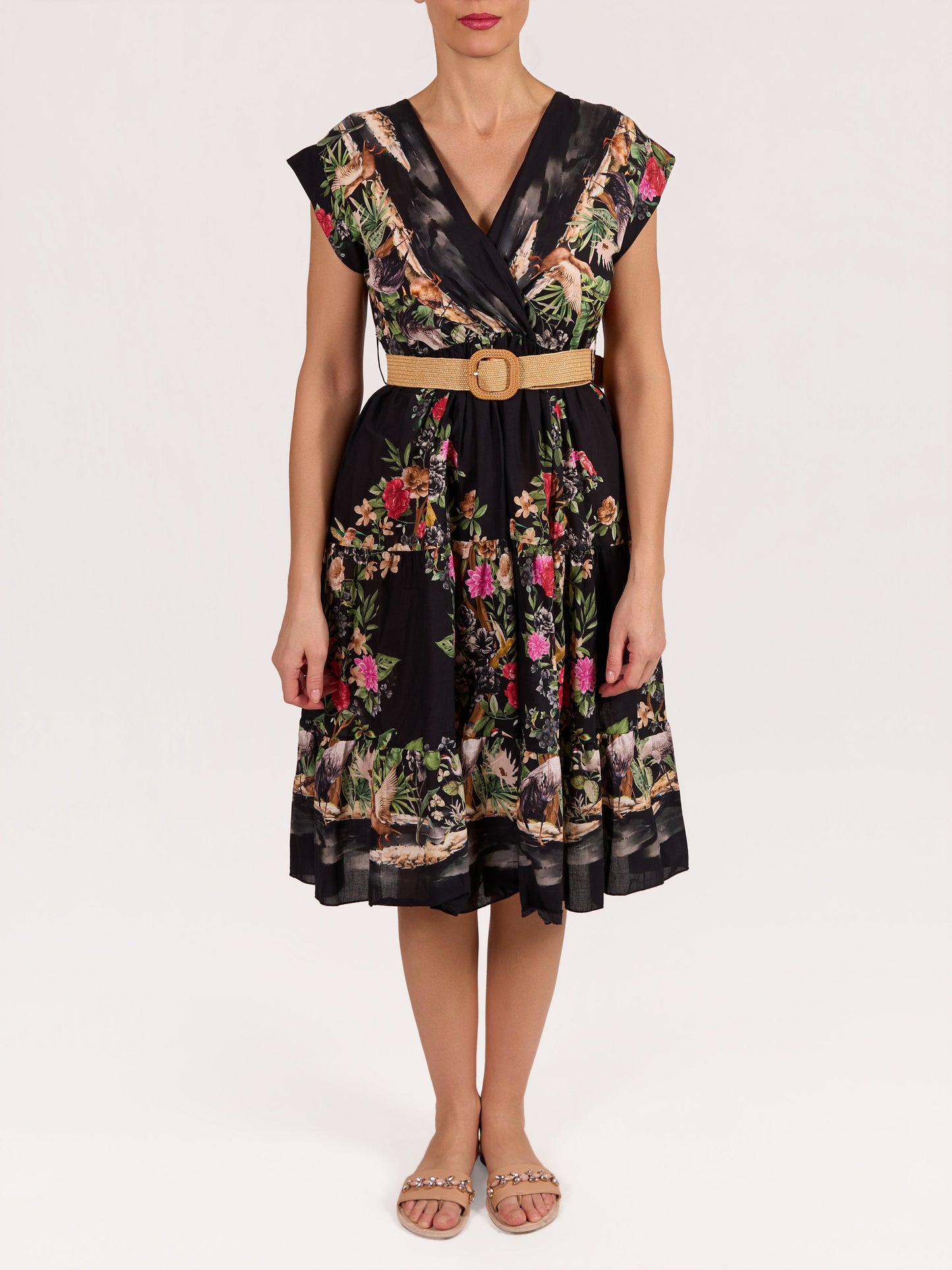 Black Floral Belted Cap Sleeve Dress