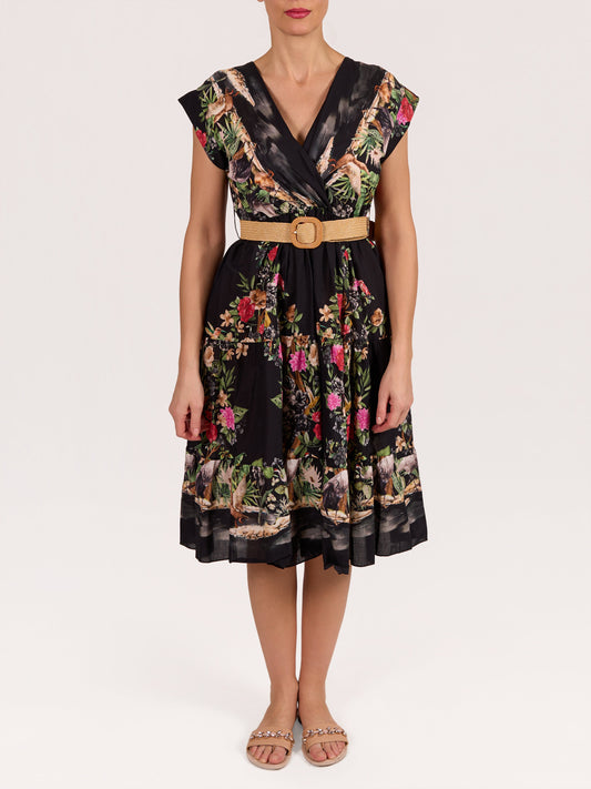 Black Floral Belted Cap Sleeve Dress