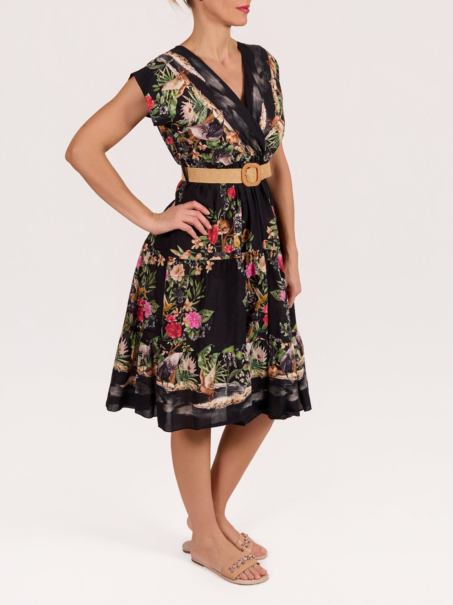 Black Floral Belted Cap Sleeve Dress