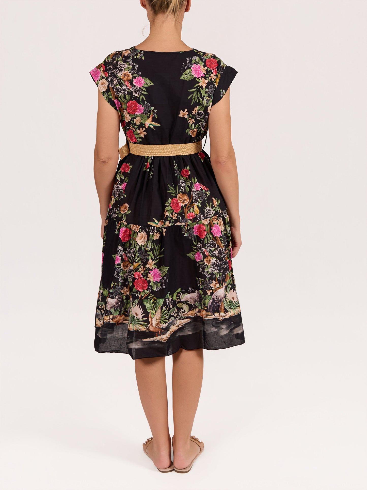 Black Floral Belted Cap Sleeve Dress
