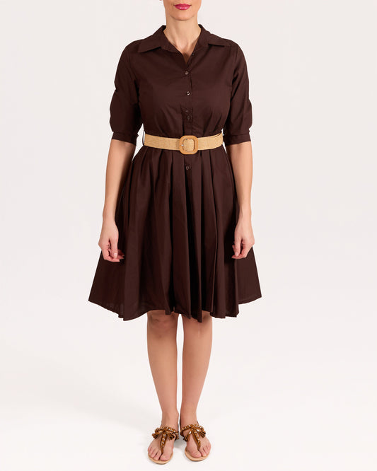 Espresso Button Front Structured Collar Belted Dress