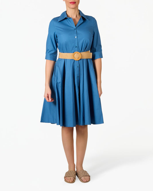 Blue Button Front Structured Collar Belted Dress