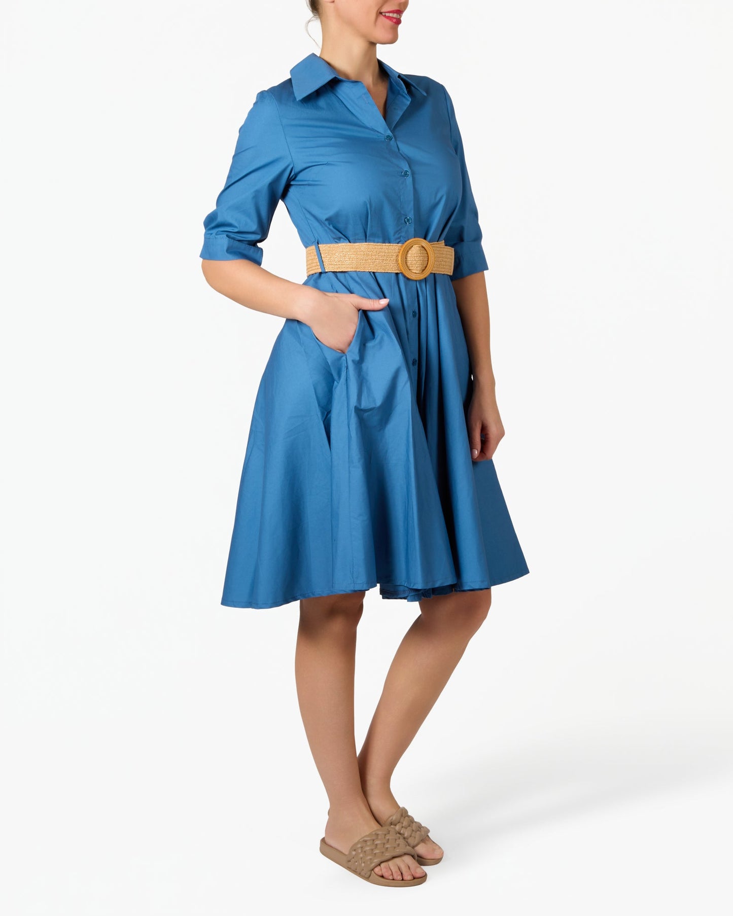 Blue Button Front Structured Collar Belted Dress