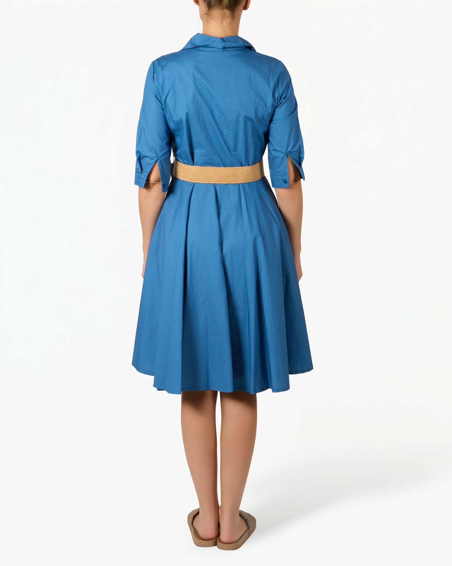 Blue Button Front Structured Collar Belted Dress