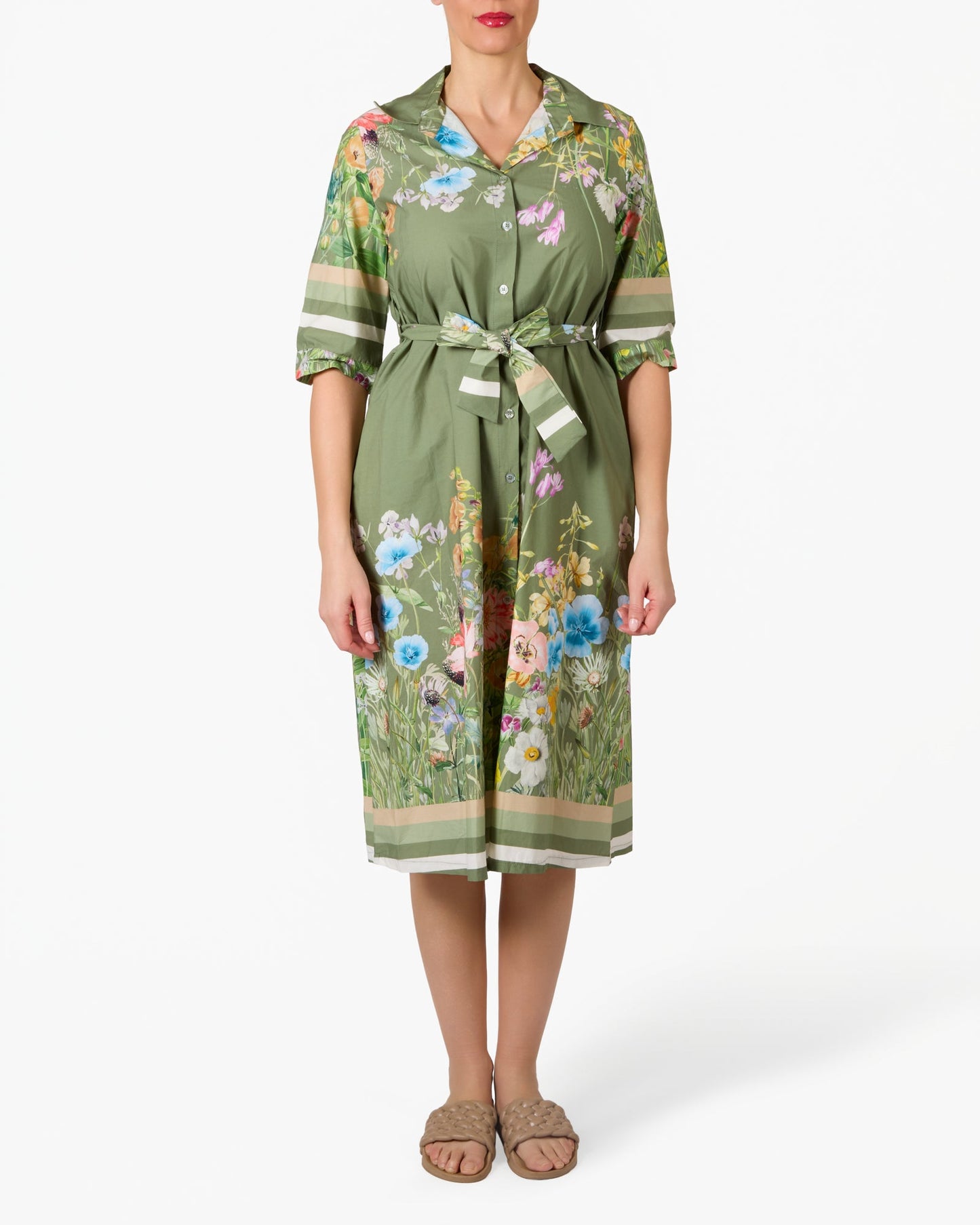 Khaki Floral Border 3/4 Sleeve Dress with Tie Front