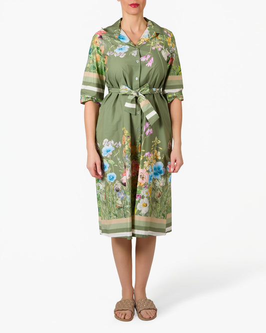 Khaki Floral Border 3/4 Sleeve Dress with Tie Front