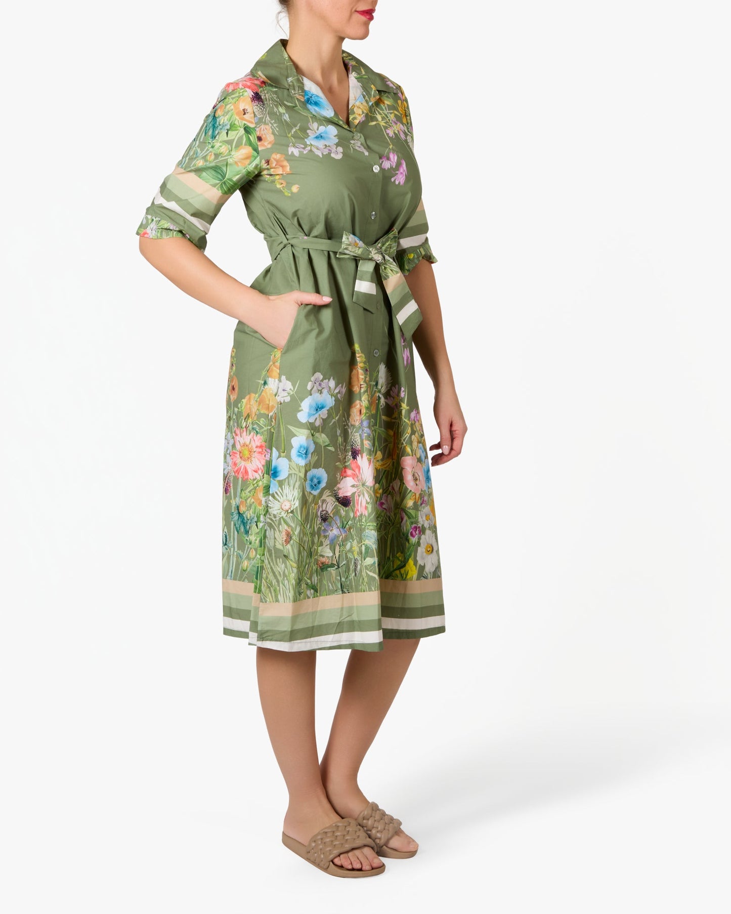 Khaki Floral Border 3/4 Sleeve Dress with Tie Front