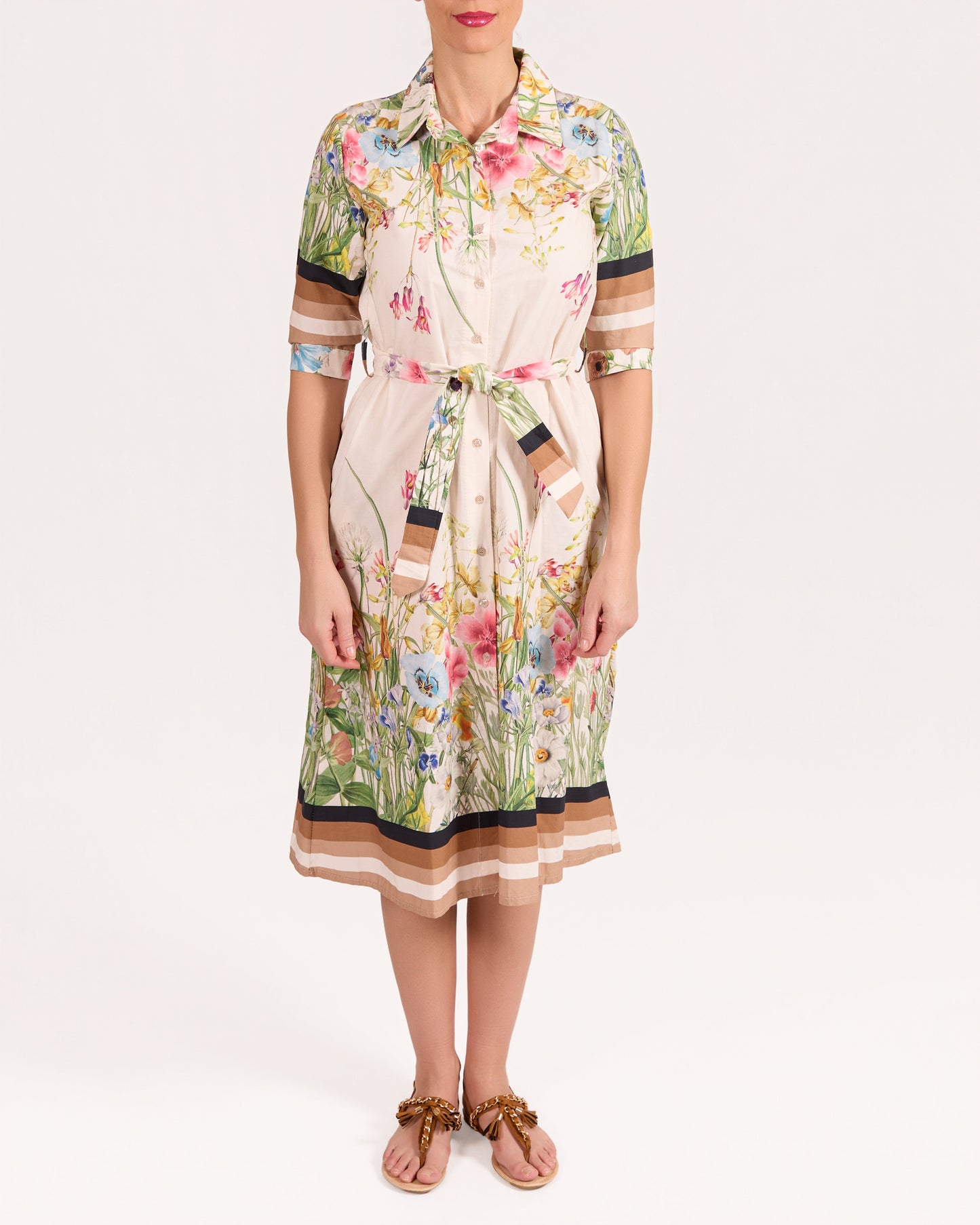 Champagne Floral Border 3/4 Sleeve Dress with Tie Front