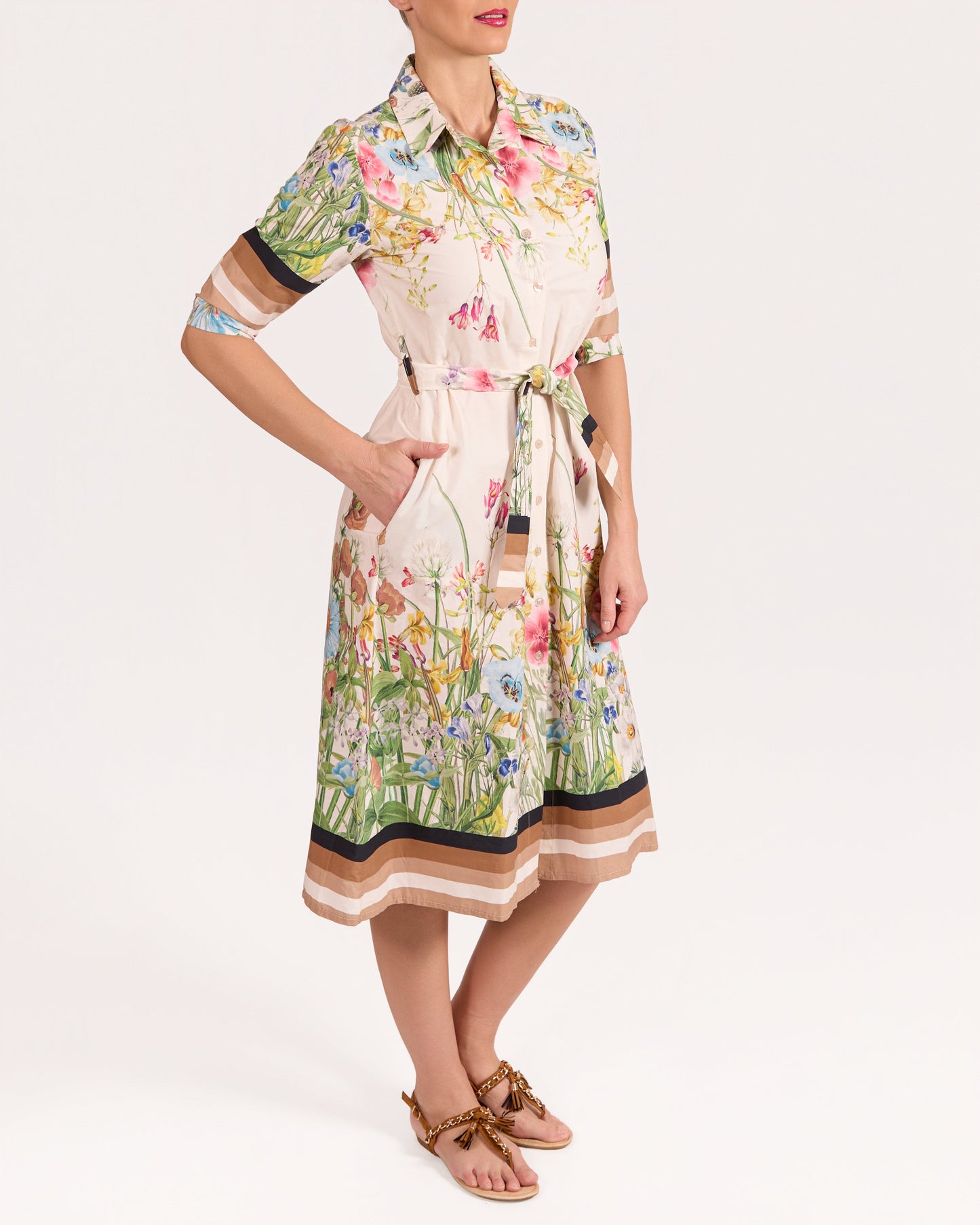 Champagne Floral Border 3/4 Sleeve Dress with Tie Front