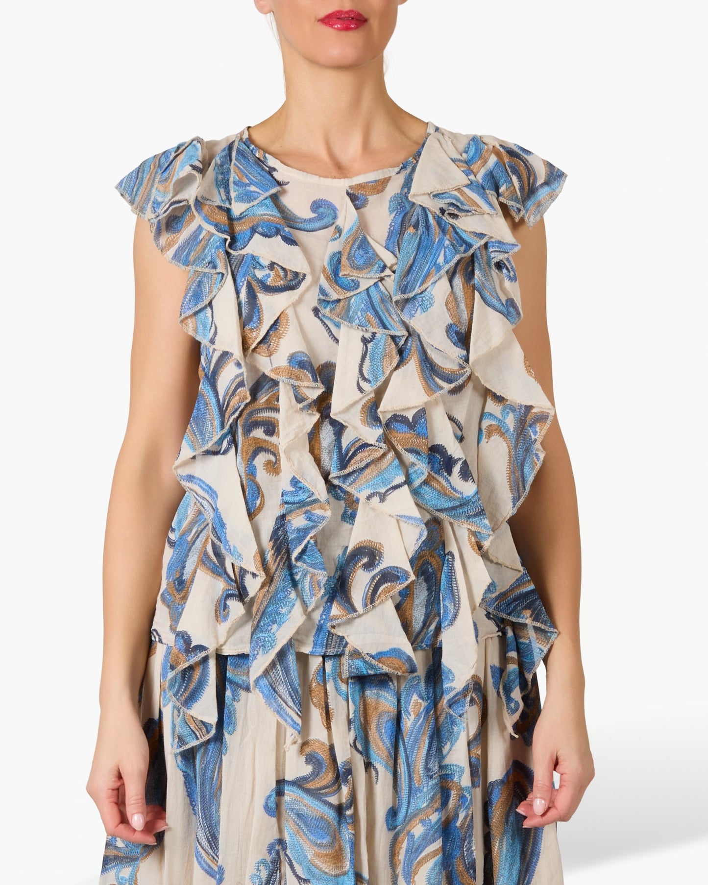 Beige Ruffle Front Textured Sleeveless Top