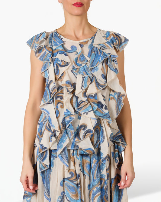 Beige Ruffle Front Textured Sleeveless Top