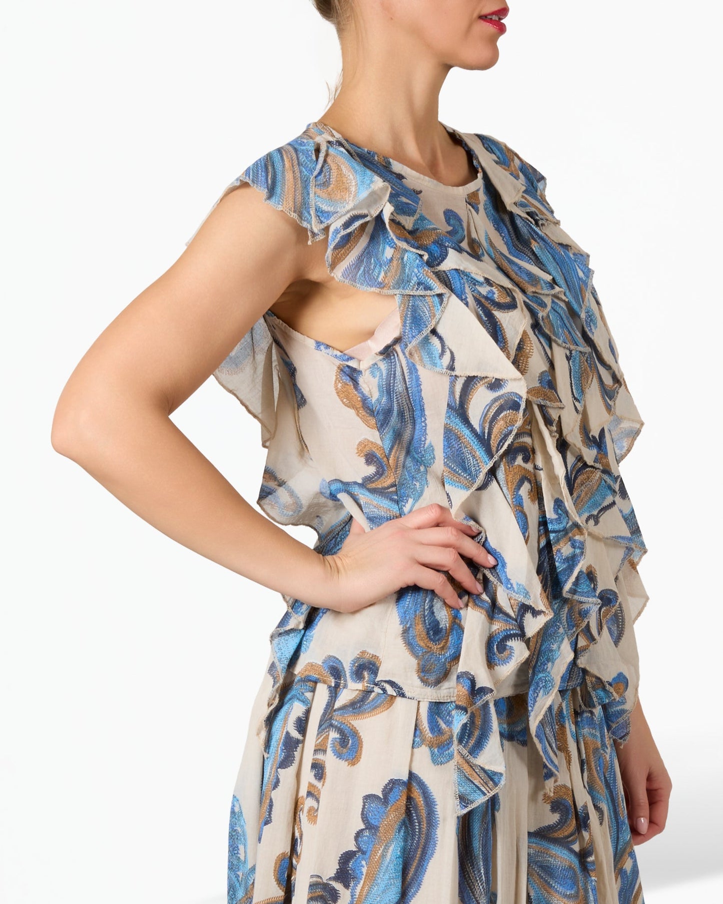 Beige Ruffle Front Textured Sleeveless Top
