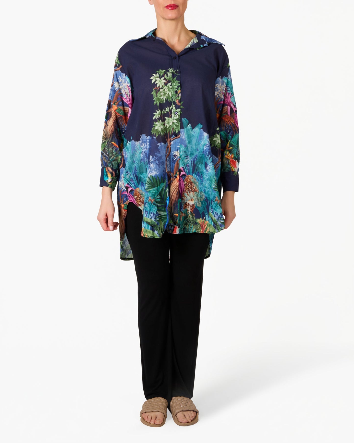 Midnight Tropical Jungle Button Front Long Button Front Blouse