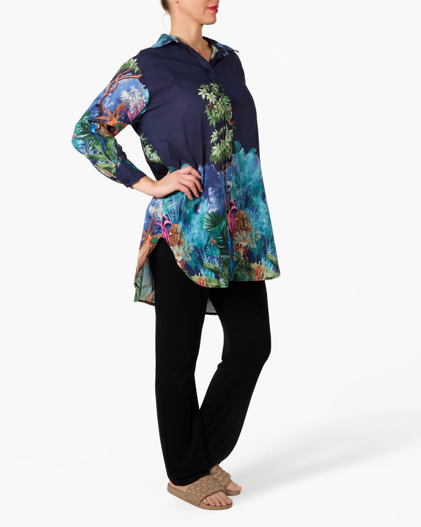 Midnight Tropical Jungle Button Front Long Button Front Blouse