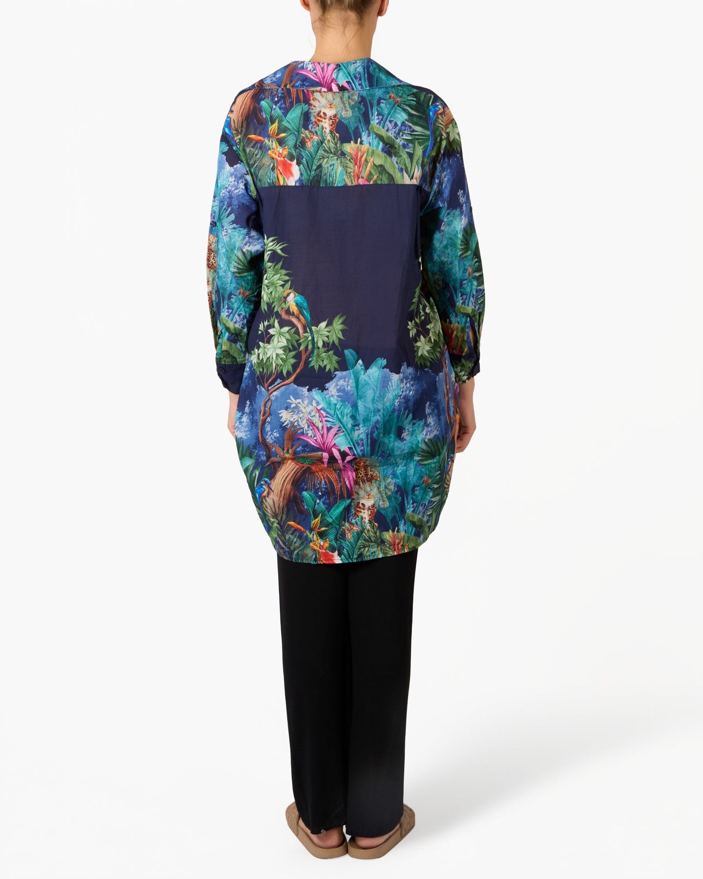 Midnight Tropical Jungle Button Front Long Button Front Blouse