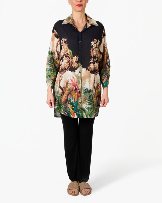 Black Tropical Jungle Button Front Long Button Front Blouse