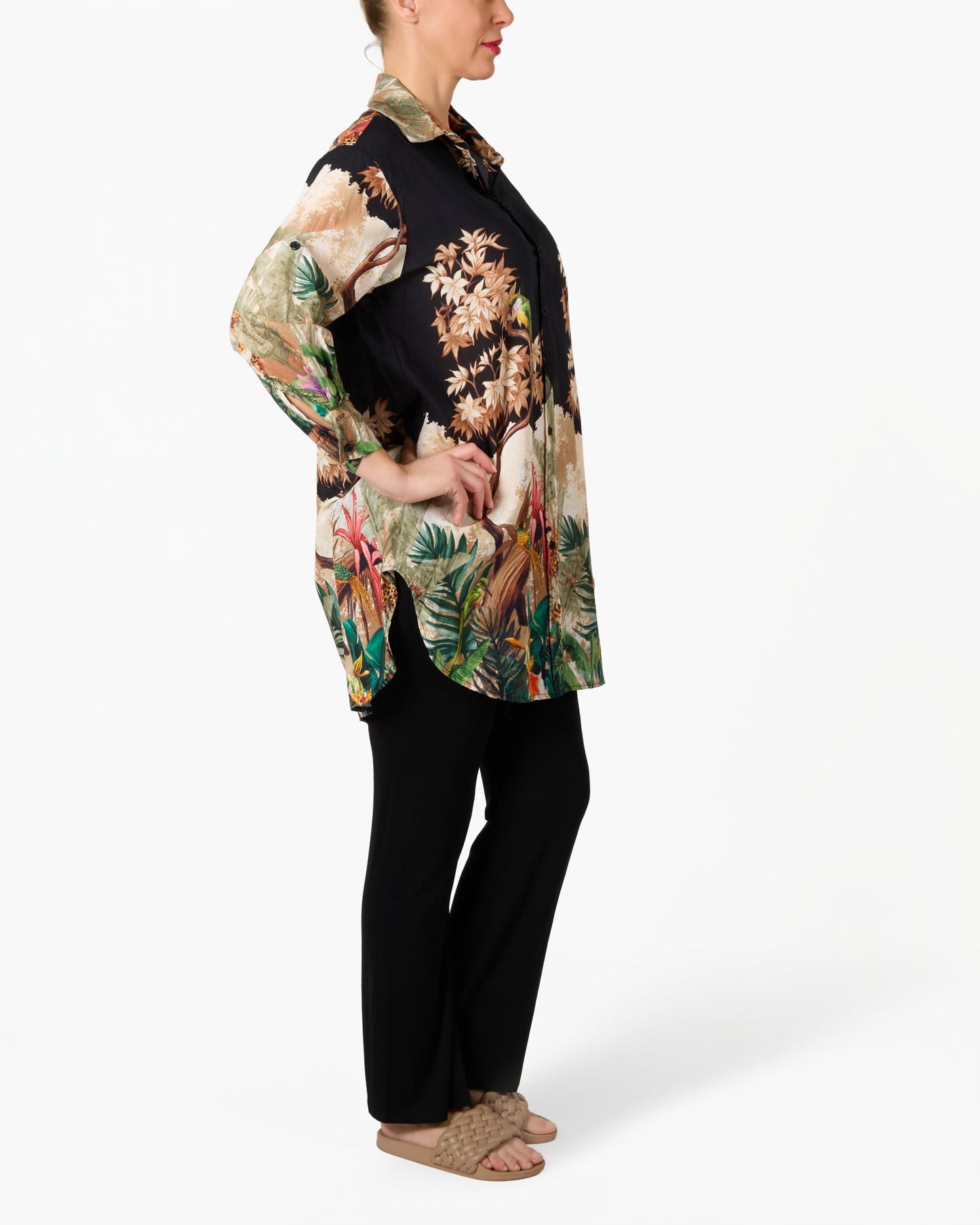 Black Tropical Jungle Button Front Long Button Front Blouse