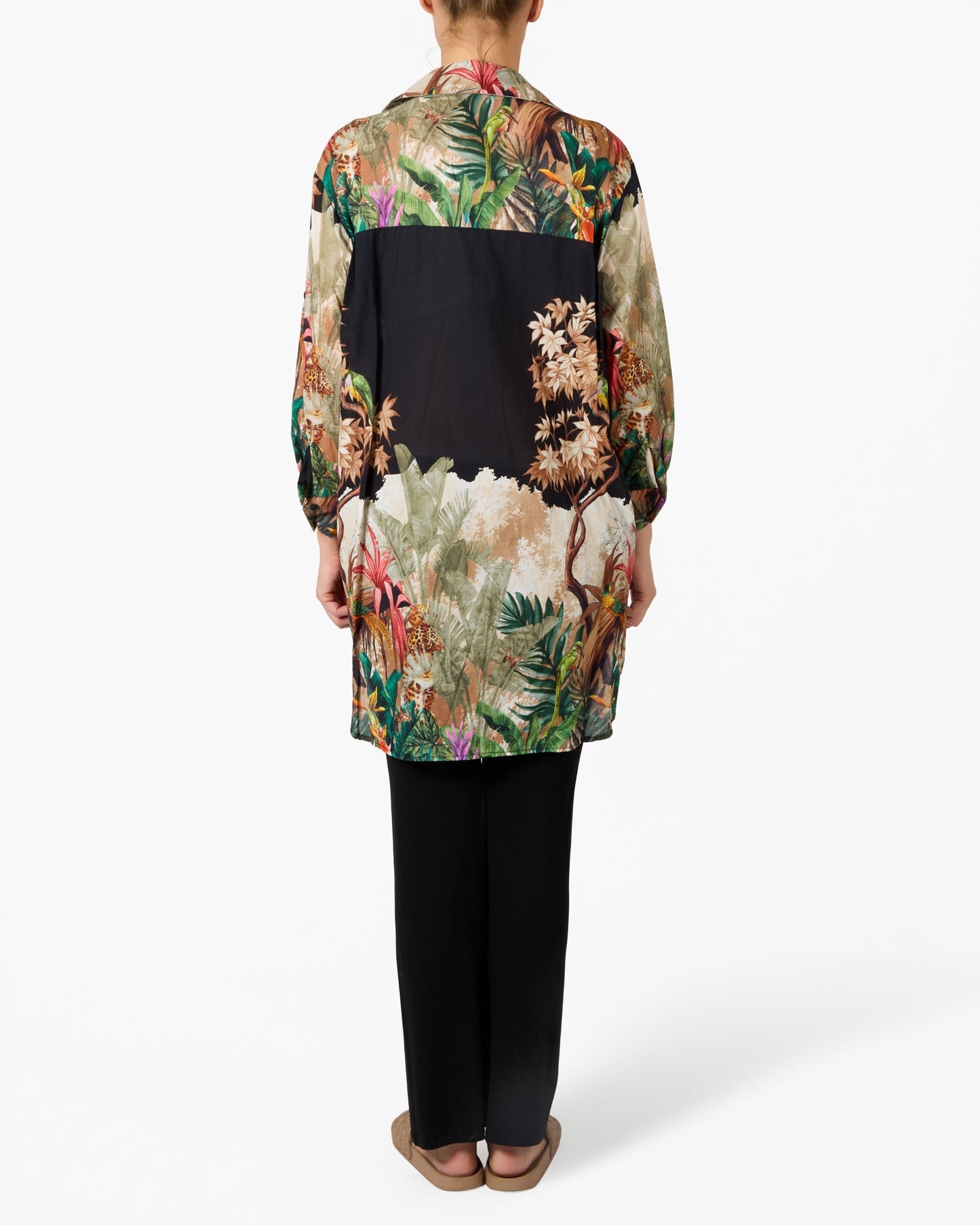 Black Tropical Jungle Button Front Long Button Front Blouse