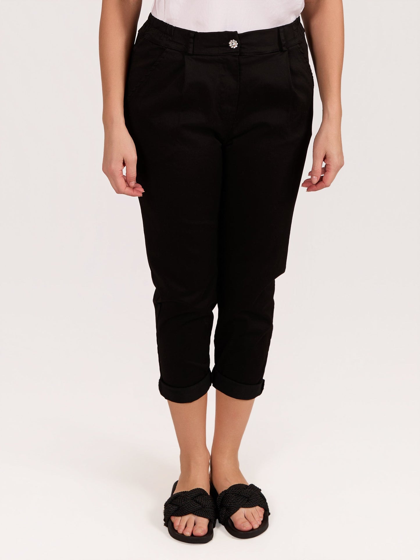 Black Button Up Back Pocket Cuffed Trousers