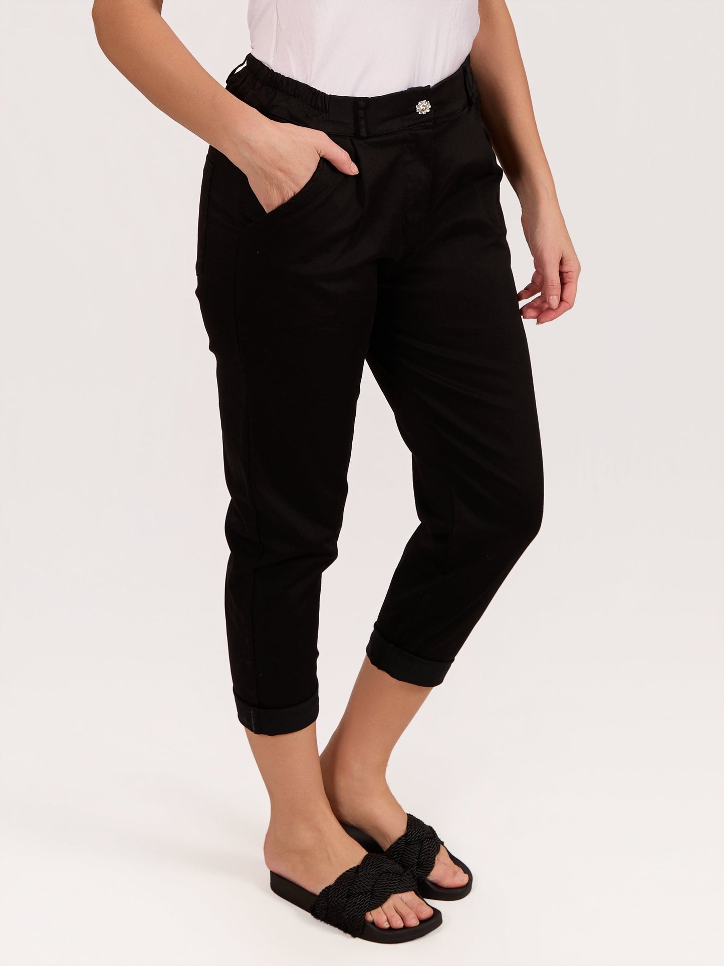 Black Button Up Back Pocket Cuffed Trousers