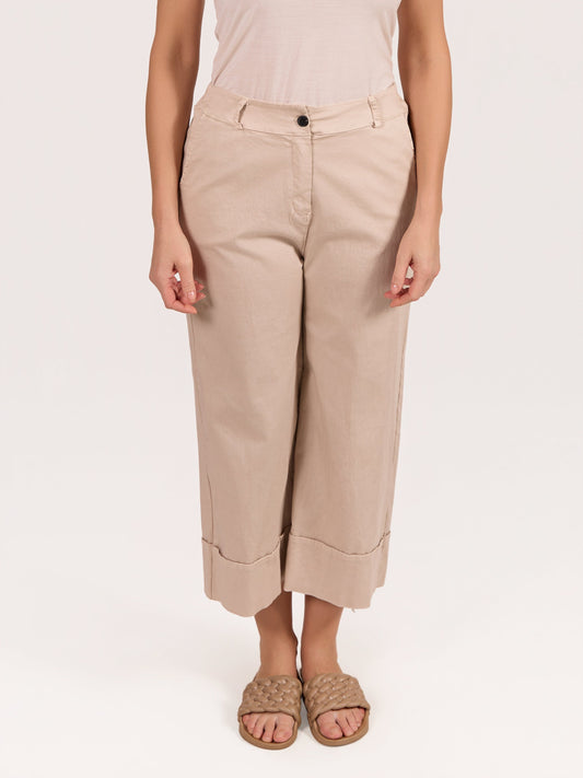 Beige Wide Leg Cuffed Button Up Trousers