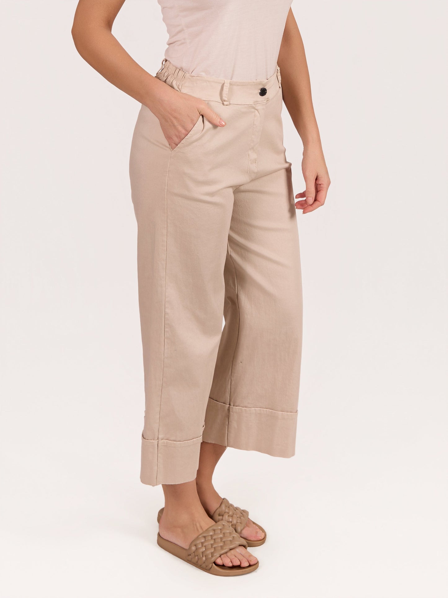 Beige Wide Leg Cuffed Button Up Trousers