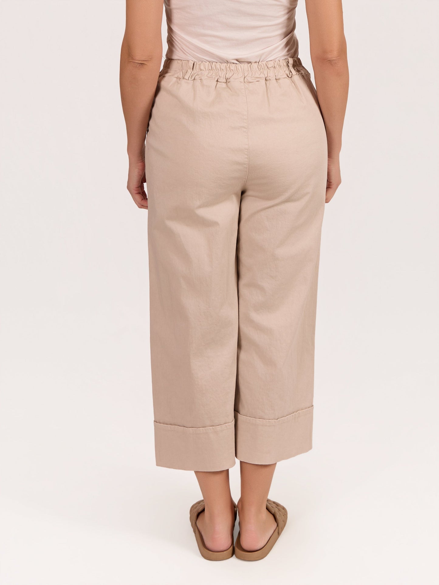 Beige Wide Leg Cuffed Button Up Trousers