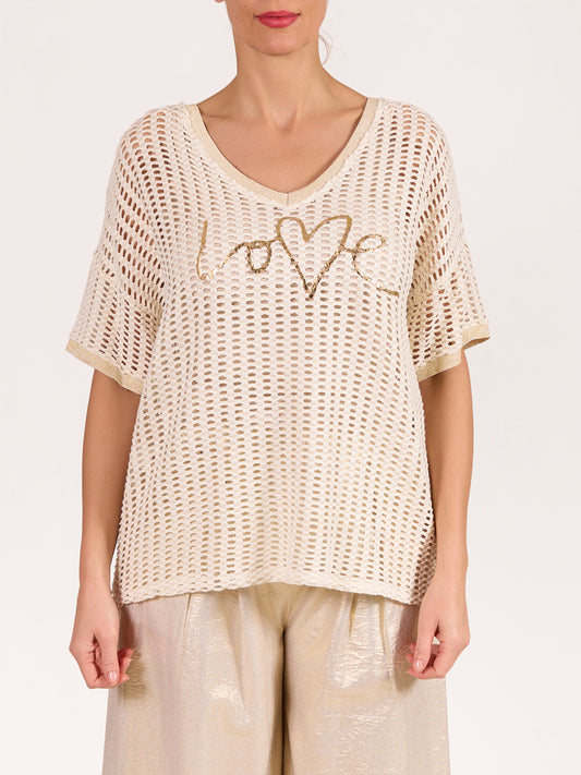 Champagne Wide Knit 'LOVE' Graphic Short Sleeve Top