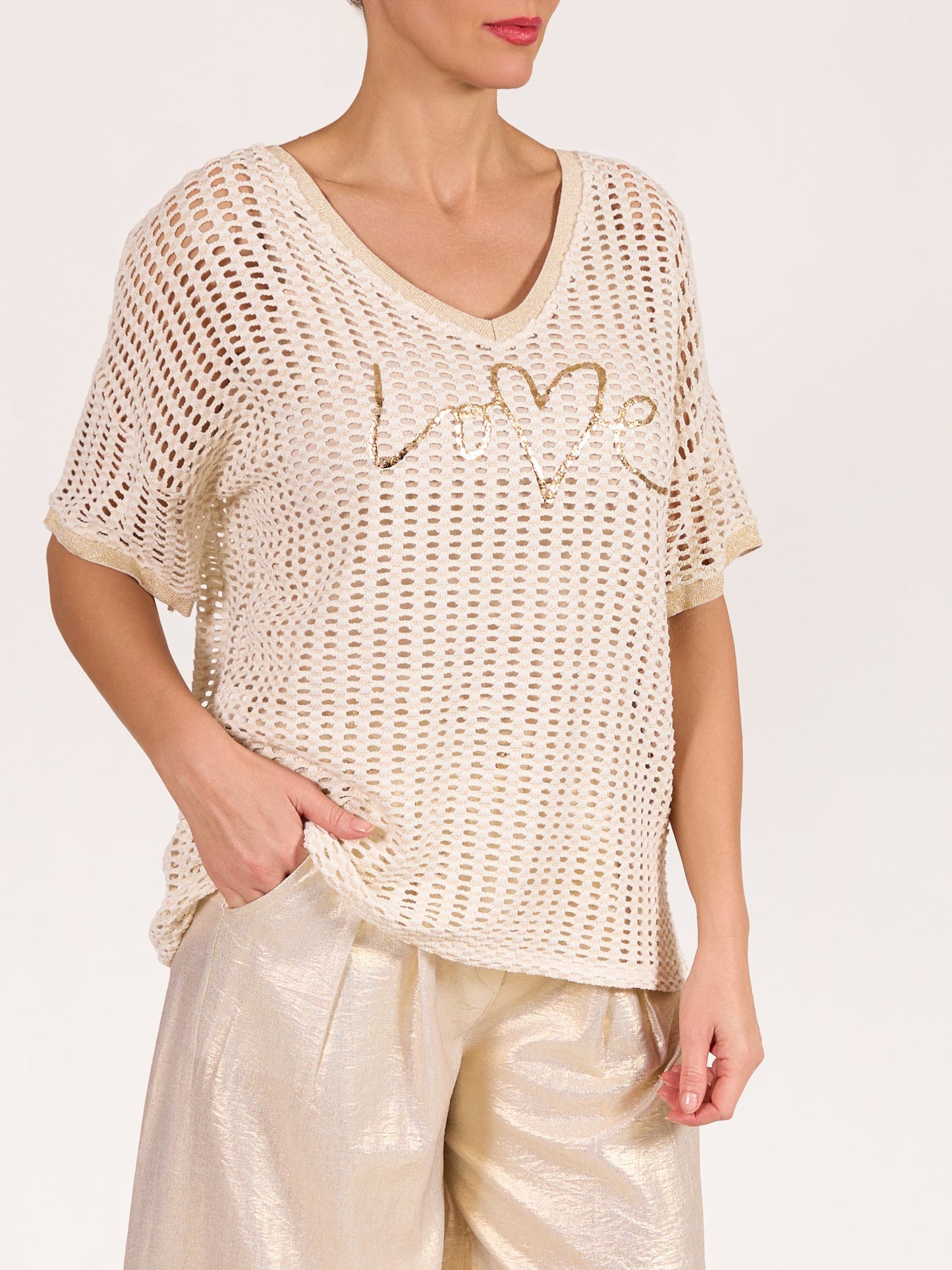 Champagne Wide Knit 'LOVE' Graphic Short Sleeve Top