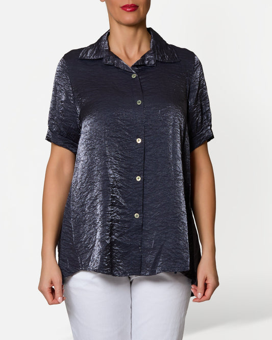Midnight Button Up Metallic Sheen Short Sleeve Blouse