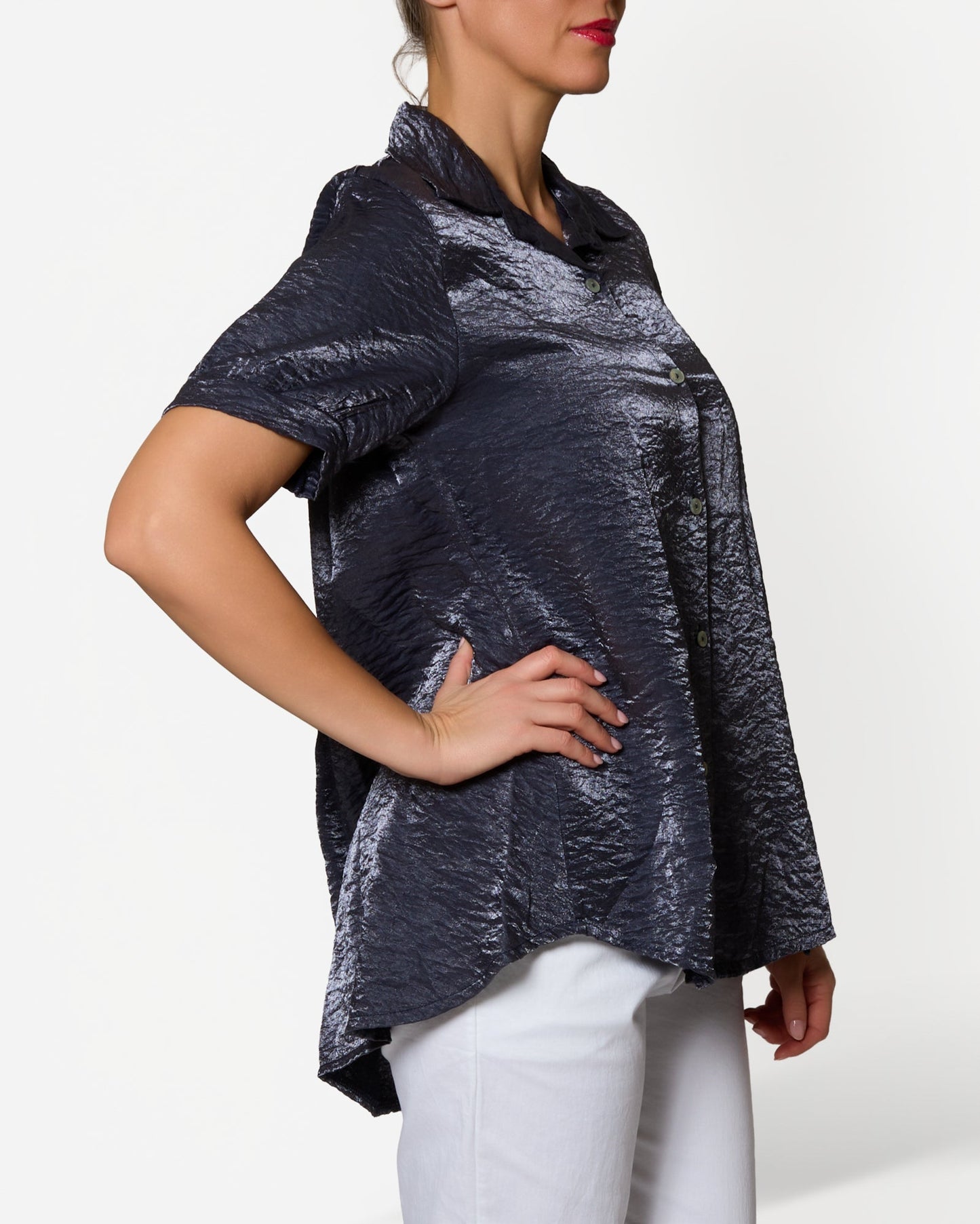 Midnight Button Up Metallic Sheen Short Sleeve Blouse