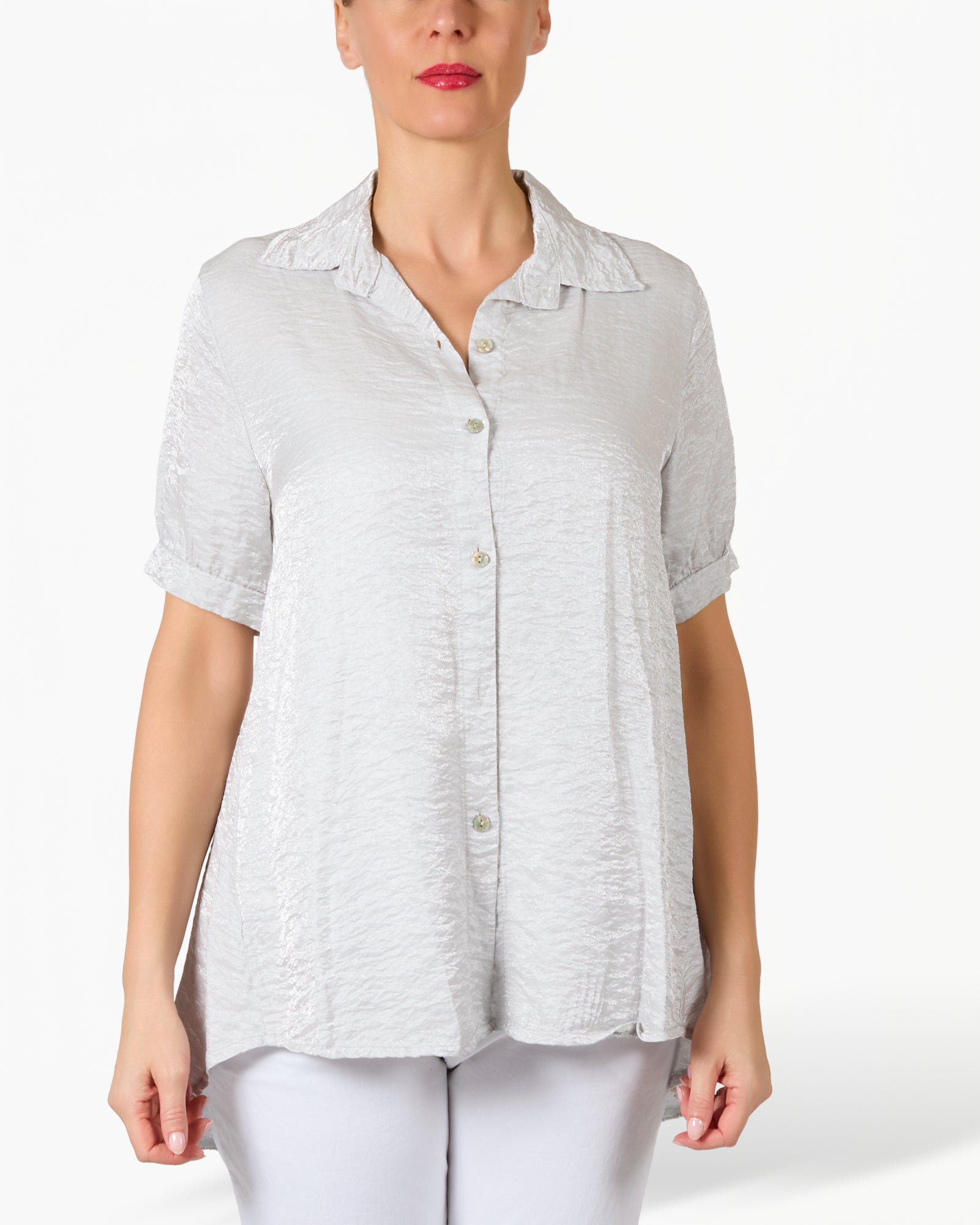 Pearl Grey Button Up Metallic Sheen Short Sleeve Blouse