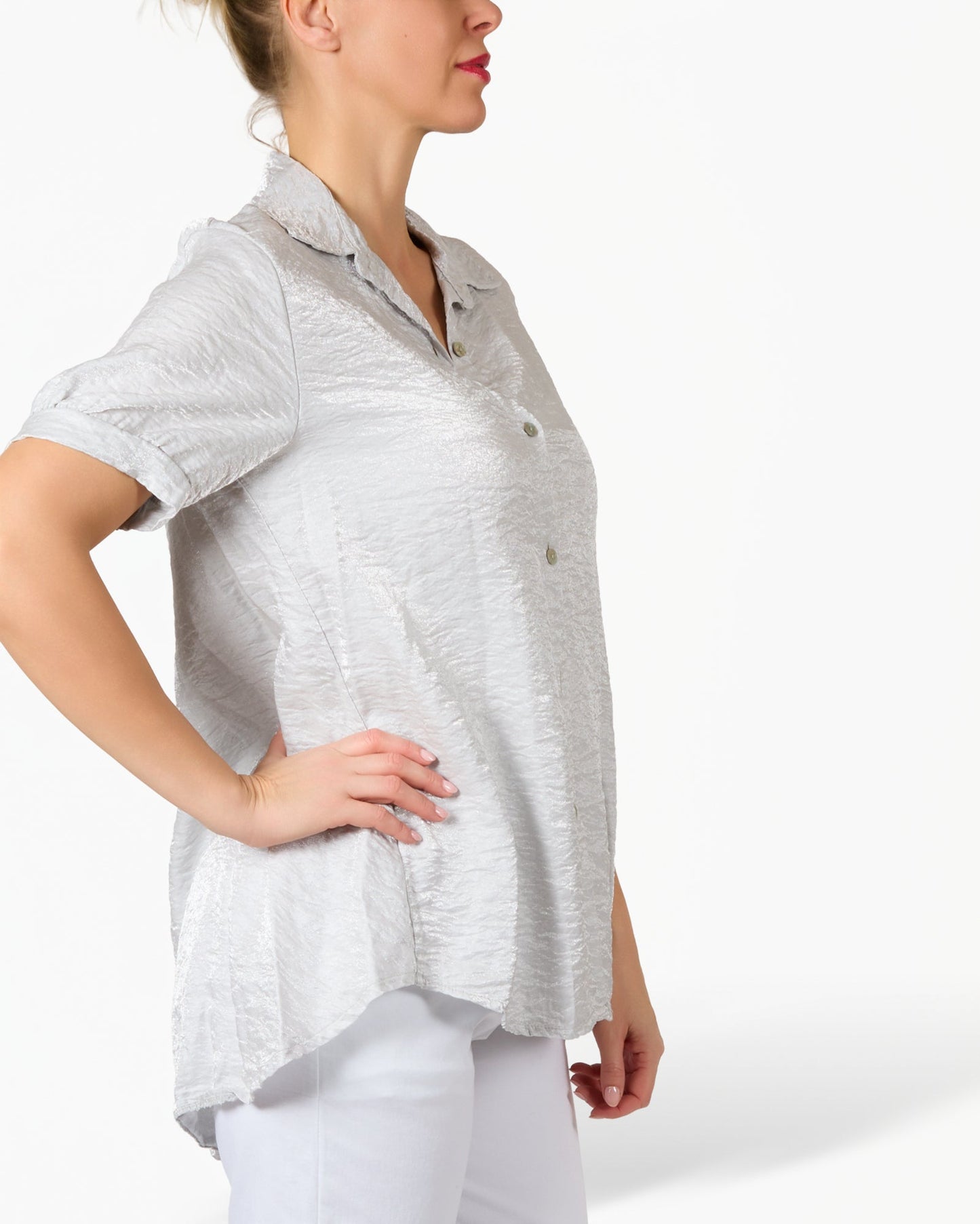 Pearl Grey Button Up Metallic Sheen Short Sleeve Blouse
