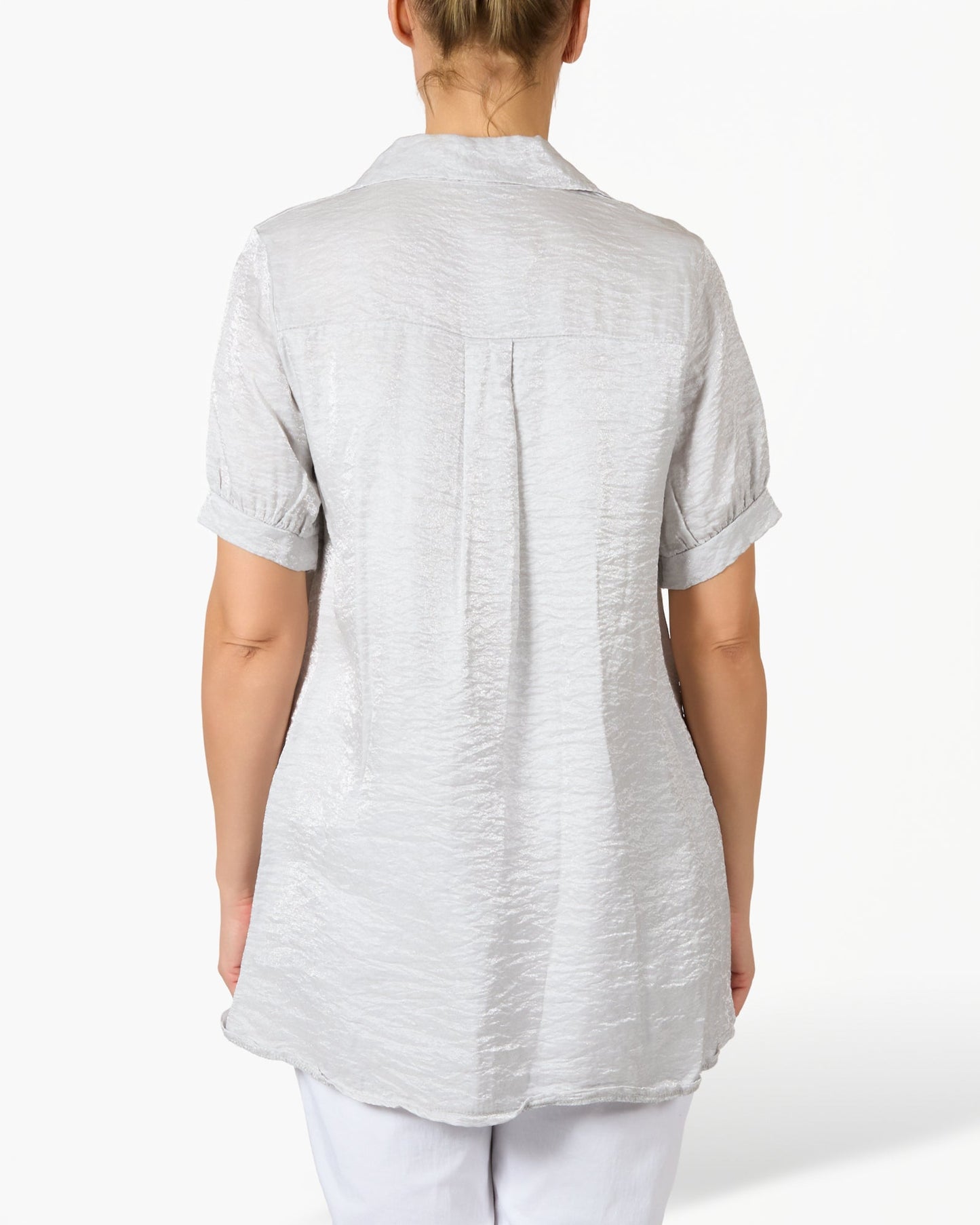 Pearl Grey Button Up Metallic Sheen Short Sleeve Blouse