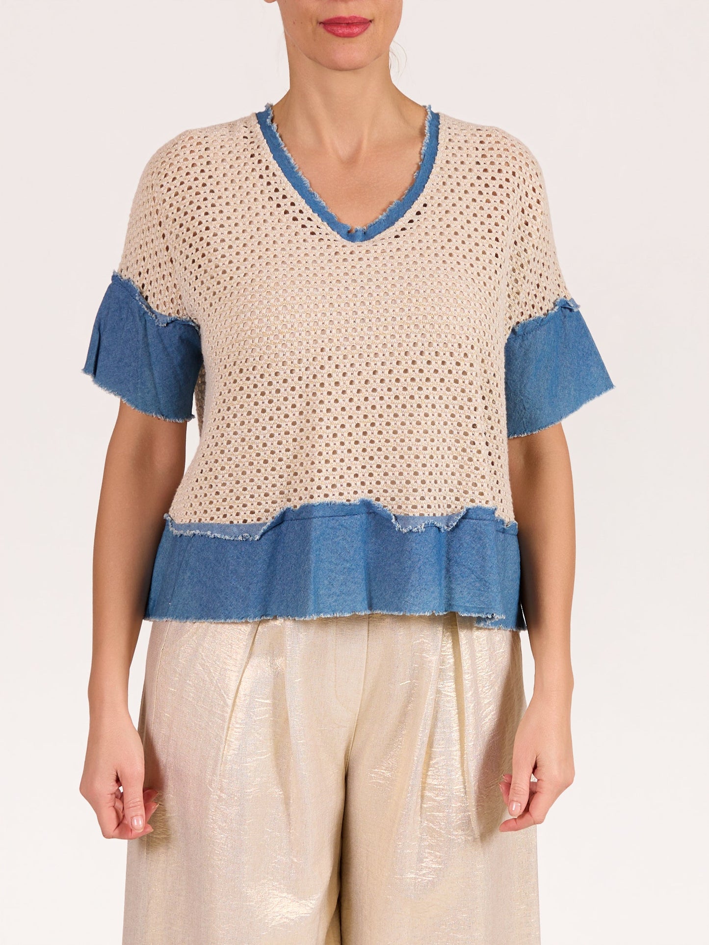 Beige Loose Knit with Raw Denim Borders Top
